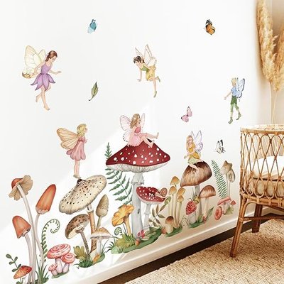 wondever Woodland Mushroom Wall Decals Fairy Butterfly Forest Peel and Stick Wall Art Stickers for Girls Bedroom Baby Nursery Living Room