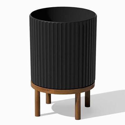 Veradek Demi Series Round Planter w/ Stand for Porch/Patio | Durable Plastic-Concrete & Wooden Stand | Modern Décor for Tall Plants, Flowers
