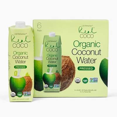 Life Refreshed Real Coco Organic Pressed Coconut Water (6-Pack 1L), USDA Organic, No Sugar Added, Essential Electrolytes, Plant Based, NON GMO, Dairy & Soy Free