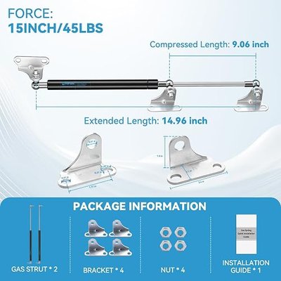 15 Inch 45Lb/200N Gas Struts, Gas Shocks Spring Lift Support with L-Type Mounts for Boat Floor Hatches Toolbox Lid Cabinet Door RV Bed Storage Floor, Set of 2