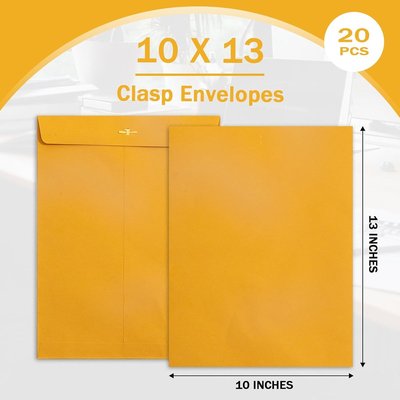 Goefun Clasp Envelopes 10x13, 20 Pack | Large Manilla envelopes, Gummed Seal, For Office, 100GSM Kraft Paper, Brown Yellow