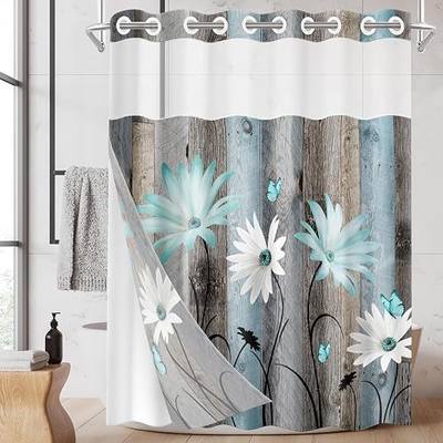 No Hook Rustic Farmhouse Shower Curtain with Snap in Fabric Liner Set, Teal Daisy Flowers and Butterfly on Wooden Double Layers Waterproof with See Through Top Bath Curtain 71x74 Inch
