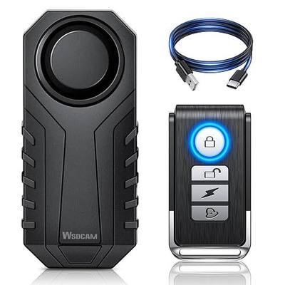 WSDCAM 113dB Wireless Bike Alarm with Remote, Rechargeable Bicycle Alarm System Anti Theft, IP65 Waterproof, 3 Volume Bike Alarms for E-Bikes, Motorcycles, Scooter, Outdoor Riding and Cycling Safety
