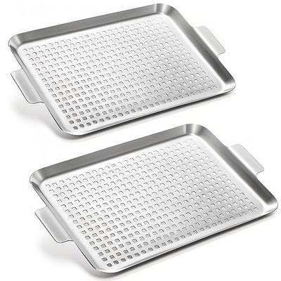 Nicunom 2 Pack BBQ Grill Topper Grilling Pans, Non-Stick Stainless Steel Grilling Tray with Holes, Barbecue Basket Outdoor Grill Accessories for Meat, Vegetables, Seafood, 10" x16.5"