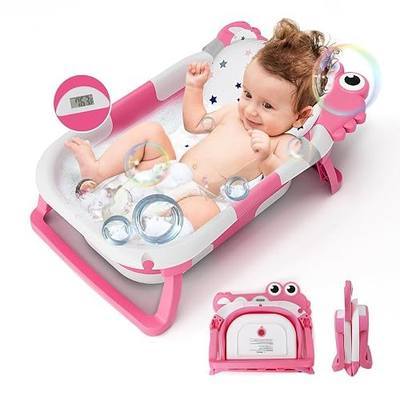 Collapsible Baby Bathtub for Infants to Toddler with Real-time Temp Monitor Floating Cushion,Foldable Baby Bath Tub Set 0-36 Month,Portable Travel Baby Tub for Newborns Boys Girls (Pink)