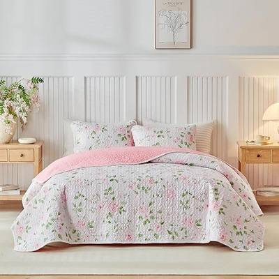 Flowers Quilt Set 3 Piece Floral Quilt Sets Pink with Greeen Leaves Queen Size - Reversible Microfiber Quilt with 2 Shams Soft Breathable Botanical Bedding Bedspread Coverlet