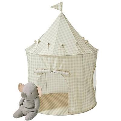 3 Sprouts Kids Play Tent for Ages 3 to 10 - Spacious Indoor Toddler Tent with Recycled Eco-Friendly Fabric - Modern Playhouse Design that Complements Your Home Decor - Gingham Beige | Spacious indoor toddler tent, Recycled fabric, Ages 3-10, Roll-up door, Peek-a-boo windows, Matches home decor, Port