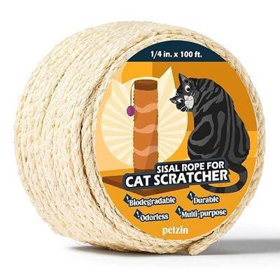 Pelzin Natural Sisal Rope for Cat Scratcher - 1/4 Inch by 100 Feet, Cat Tree Rope Twine for Scratching Post Replacement, Repairing and DIY, White
