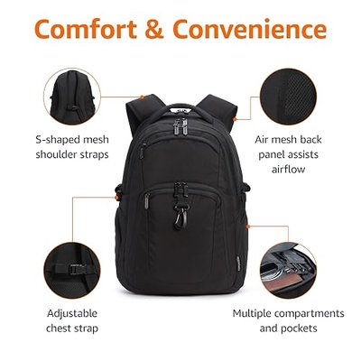Amazon Basics Travel Laptop Backpack with Multiple Pockets and Compartments for 17 in / 43.1 cm Laptop, Water Resistant, Spacious with Padded Shoulder Straps, Black