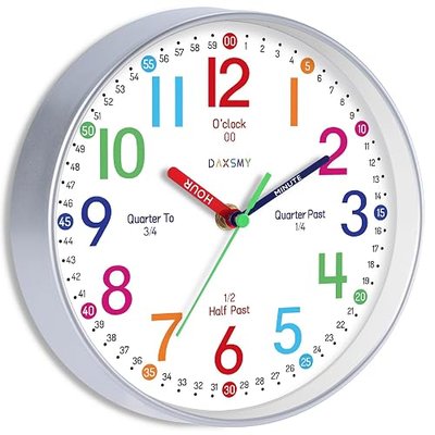DAXSMY Wall Clock for Kids Learning to Tell Time Easily Kids Teaching Clock Silent Non Ticking Battery Operated Colorful Teaching Time Clock Decorative for Kids Room Classroom School (8 Inch)