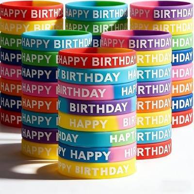 LovesTown 48 PCS Happy Birthday Rubber Bracelets, Classroom Birthday Gifts | Color Silicone Stretch Wristbands for Classroom Prizes, Goodie Bag Stuffers, Student Birthday Gifts From Teacher Supplies