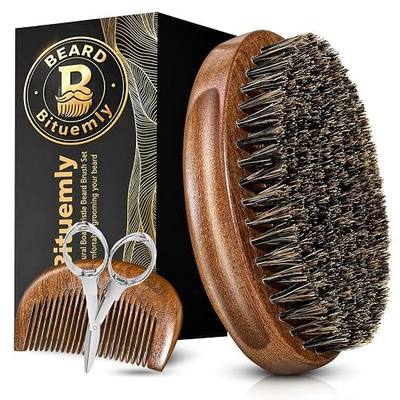 Bituemly Beard Brush, Natural Boar Bristles Beard Brush for Men and Wooden Sandalwood Pocket Beard Comb Set, Facial Hair Grooming Kit with Mustache Scissors as a Styling Tool, Growth, Detangles, Shine