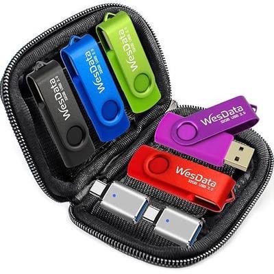 5 Pack 64GB USB Flash Drive and 2 Pack USB C Adapters in a Case, Thumb Drives Memory Stick Storage and Backup for Smart Phones with Type C Port, Laptops, PC(5 Colors) (64, GB)