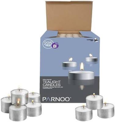 PARNOO Tealight Candles - White, Unscented, 8 Hour Burn Time, 225 Count, Modern Style, Perfect for Romantic Dinners, Weddings, Spa & Hotels