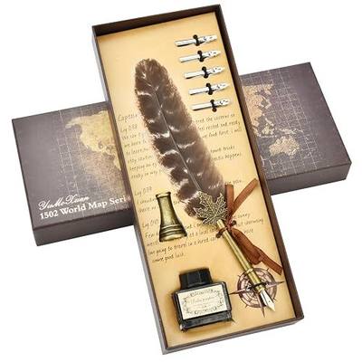 Hethrone Feather Pen and Ink Set - Calligraphy Quill Pen Set Includes Dip Pen, 5 Replacement Nibs and Pen Holder for Writing Lovers (Brown)