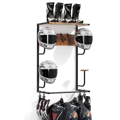 Motorcycle Helmet Holder Wall-Mounted Helmet Rack with 4 Glove Chips& Hooks - Rustic Bike Helmets Storage Organizer, Universal Wall Mount for Helmets, Gear, Clothes, Accessories,Retro