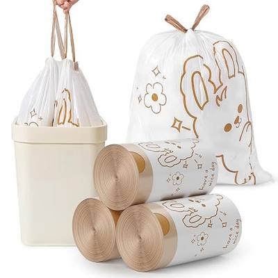 4 Gallon Small Trash bags Drawstring, Small Bathroom Garbage Bags, 90 Counts Trash-Can-Liners for Bathroom Kitchen Office, White Rabbit Print Style 4 Gallon Small Trash Can Liners