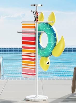 Natural Marble Outdoor Towel Rack with Weighted Base, KES 5-Feet Pool Towel Rack Outdoor for Hot Tub 18/8 Stainless Steel, Adjustable 3 Arms with Storage Tray, Brushed Finish OTR200-2