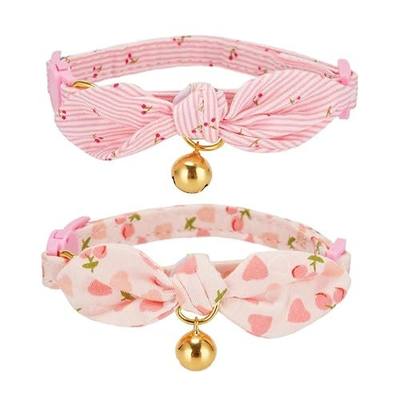 2 Pack Cotton Cat Collar, Removable Bowtie, Floral Pattern, Safety Breakaway Clasp, Adjustable for Cats.(Adult Cat, Pink+Pink)