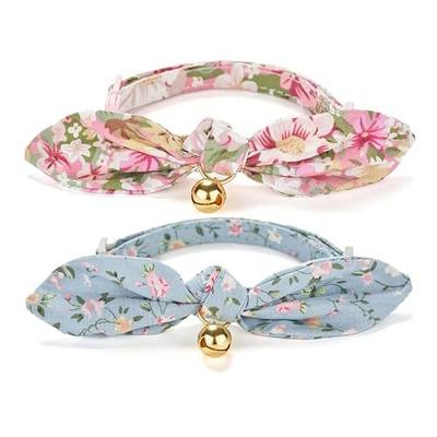 2 Pack Cotton Cat Collar, Removable Bowtie, Floral Pattern, Safety Breakaway Clasp, Adjustable for Cats.(Adult Cat, Pink+Grey)