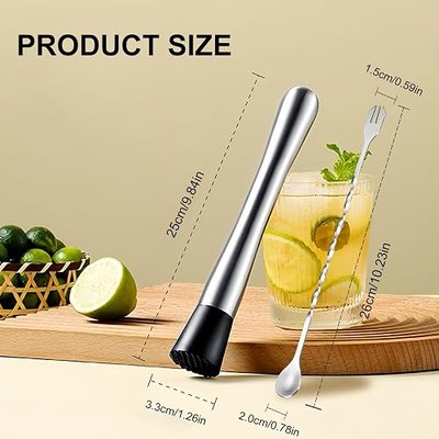2 Pcs Muddler for Cocktails,10 Inch Muddler and 8 Inch Bar Spoon,Stainless Cocktail Accessories for Drink - Create Delicious Mojitos and Other Fruit Based Drinks