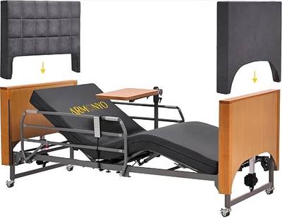 Electric Hospital Bed for Home Use – 5 Functions, Advanced German LIMOSS Motor, Ultra-Low 8.5"–25" Adjustable Height, Double Solid Wood Panels with Medical Overbed Table & Foldable Rails