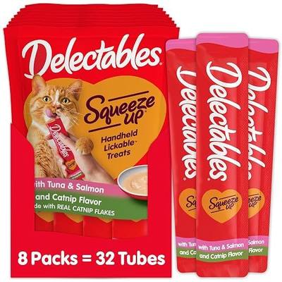 Delectables Squeeze Up Creamy Squeezable Puree, Lickable Wet Cat Treats, Grain Free, No Added Fillers, No By-Products, No Added Preservatives, 0.5 Ounces Tube Tuna & Salmon with Catnip, 32 Tubes Total