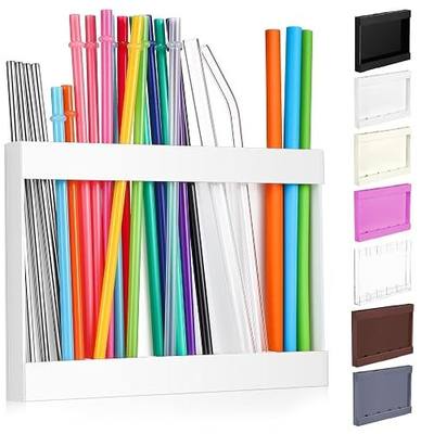 Qinyoung Acrylic Straw Holder for Cabinet Door with Double Sided Adhesive Tape Reusable Straw Organizer Tumbler Storage Kitchen Accessories Container for Counter Cupboard(Classic,Large,White)