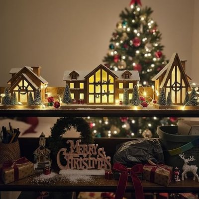 Christmas Decorations for Home Led Lighted Wooden Snow Winter Scene Christmas Village Ski Lodge with Timer Farmhouse Tree Wreath House Rustic Tabletop Holiday Decor Xmas Signs