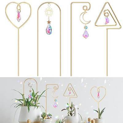 WellSign 14.17 Inch Small Trellis for Potted Plants Indoor Outdoor | 4 Pack Metal Plant Lattice with Colorful Crystal Sun Catcher for Mini Potted Decoration for Home Window Garden