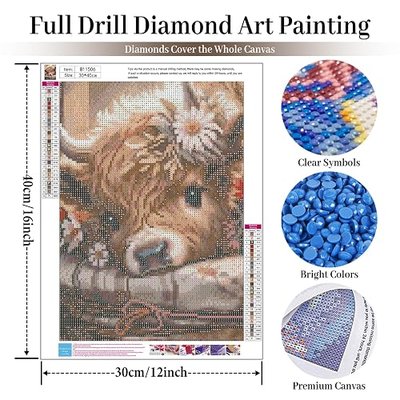 Cow Diamond Art Kits for Adults, Highland Cow Diamond Painting Kits for Adults Beginners, DIY 5D Diamond Painting with Round Gem Art Kits for Gift Home Wall Decor 12x16 Inch