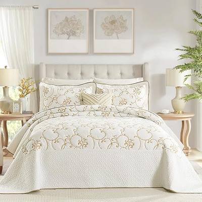 100% Cotton Oversized Bedspread Quilt Coverlet Set, 120"x120" Extra Large King Bedspreads with Pillow Shams, Lightweight Embroidered Bedding Cover 3 Piece, Beige/White