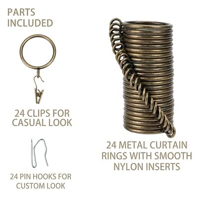Curtain-Clip Rings with Hooks Drapery-Decorative - 1.25 Inch Inside Diameter Included Pin Hooks and Clips Designed to Effortlessly Hold Up 2 Standard Curtains 24Pcs Bronze Exselens