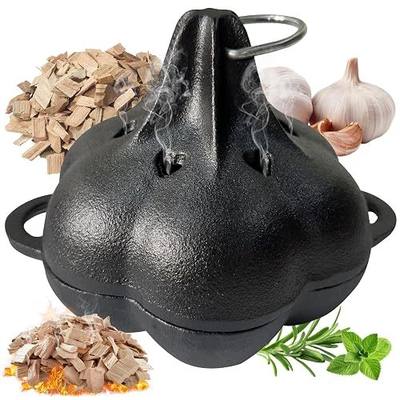 Cast Iron Smoker Roaster & Garlic Roster Baker, Smoker Box, Pre-Seasoned Cast Iron Garlic Roaster for Grill, Perfect for BBQ and Oven, for Smoky, Flavorful Vegetables, Meats or Wood Chips