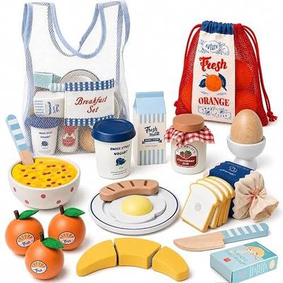 Lehoo Castle Wooden Play Food Set - Montessori Cutting Fruit Egg Bread, Pretend Breakfast Food Toys for Kids Kitchen, Educational Toddler Toys 3-5 Years, with Storage Bag, Birthday Gift for Boys Girls