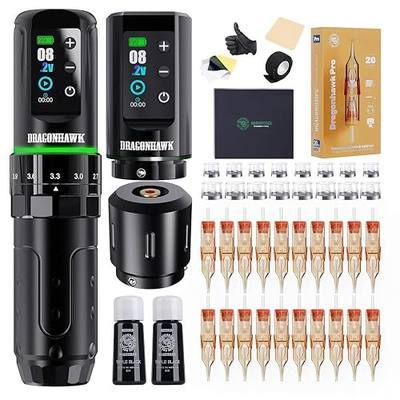 Dragonhawk L3 Wireless Tattoo Kit, Complete Tattoo Gun Kit for Beginners, Adjustable 7 Stroke Tattoo Pen Machine 2.4-4.2mm, Mcore Motor, RCA Corded Backup, Dual 2000mAh Batteries, Tattoo Supplies Set