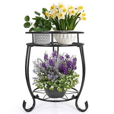 Plant Stand,15.5inch Heavy Duty Metal Planter Holder Indoor Outdoor, 2 Tier Round Potted Supports Rack, Corner Display Shelf Black