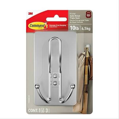 Command X-Large Satin Nickel Triple Hook, 1 Hook, 3 Strips, Damage-Free Hanging with Adhesive Strips, No Tools Wall Hook for Hanging Decorations in Living Spaces