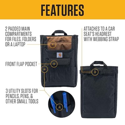 Carhartt Seat Organizer Black | Front, Passenger Seat Storage & Organization for Books, Files, Folders, Laptop & More