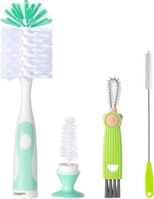 Baby Bottle Brush Set 4 in 1, Baby Bottle Cleaner, with 1P Nylon Bottle Brush, 1P Bottle Cap Brushes, 2P Straw Brushes, Bottle Brush with Nipple Cleaner and Suction Cup, BPA-Free(Green)