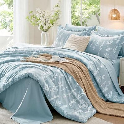 MUXHOMO Light Grey Bed in a Bag Queen 7 Pieces, Queen Comforter Set Reversible Botanical Flowers Design, Ultra Soft & Breathable Bedding Sets with Comforter, Sheets, Pillowcases & Shams