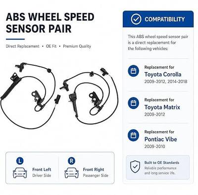 Hoypeyfiy 1 Pair Front ABS Wheel Speed Sensor Left and Right, Replacement for Toyota Corolla 2009-2012 2014-2018 Matrix 2009-2012 Pontiac Vibe 2009-2010, Replace 89543-02090 89542-02090