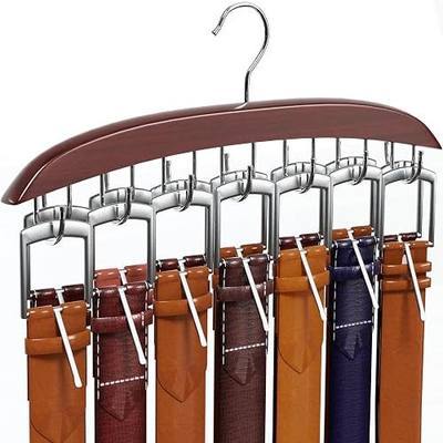 MaxGear Belt Holder for Closet, Wood Belt Organizer with 14 Hooks, 360° Rotating Storage for Belts, Ties, Bras, Tank Tops & Underwear - Wine Red, 1 Pack