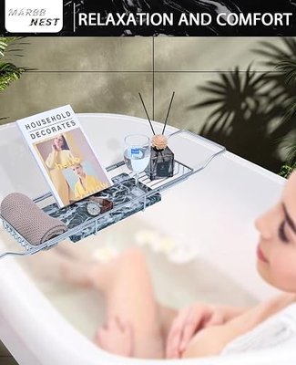 Bathtub Tray Caddy for Luxury Bath Expandable Extra Wide Bath Tub Tray with Natural Marble Tray and Mobile/Tablet Stand, Ideal for Home Spa Lovers(Chrome + Large Flower Green)