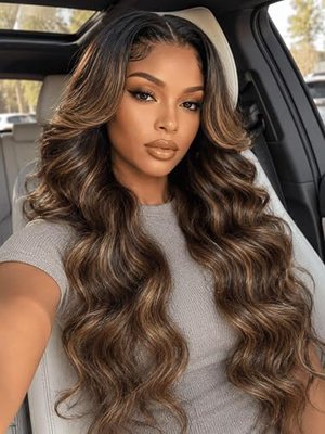 Beauty Forever 7x5 Bye Bye Knots Lace Front Wig,Body Wave Balayage Brown Highlight Wig,Glueless Drawstring Wig Pre Plucked Pre Bleached HD Lace,Natural Look Beginner Friendly Wig 150% Density 16 Inch