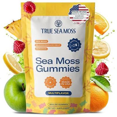 TrueSeaMoss Sea Moss Gummies with Bladderwrack & Burdock Root – Vegan Formula for Adults & Kids – Fruity Flavor – 60 Gummies (Pouch May Vary)