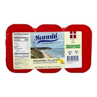 Sanniti Mackerel Fillets in Lemon Oil with Crushed Pepper | Super Food | High in Protein | High in Omega 3, 4.4 oz (Pack of 3)