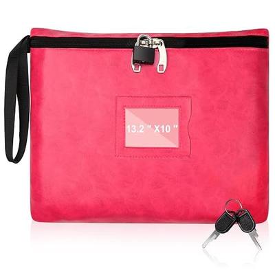 Pink Leather Notary Bag with Lock - 13.2 * 10 Inches, Cash Bag with Zipper and 2 Keys for Document, Passport and Record Book