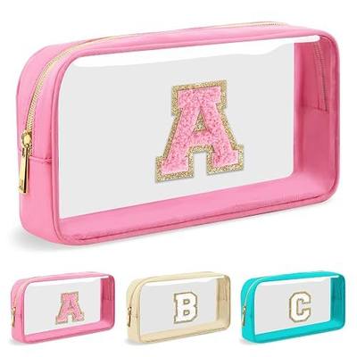 Personalized Initial Letter Clear Makeup Bag,Preppy Small Nylon&PVC Cosmetic Zipper Bag with Chenille Letter,Portable Beach Travel Skincare Toiletry Bag,Trendy Monogram Gift for Teen Girls Women,A