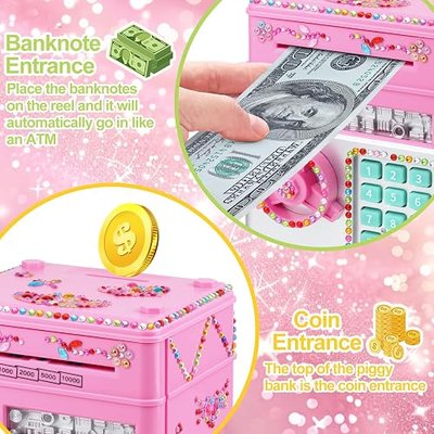 Piggy Bank for Kids Girls Boys with Password Code Lock Cash Coin Can Piggy Bank Girls Electronic Money Safe Bank for Kids Money Box with DIY Diamond Sticker Gift for 4 7 8 9 10 11 Year Old Boys